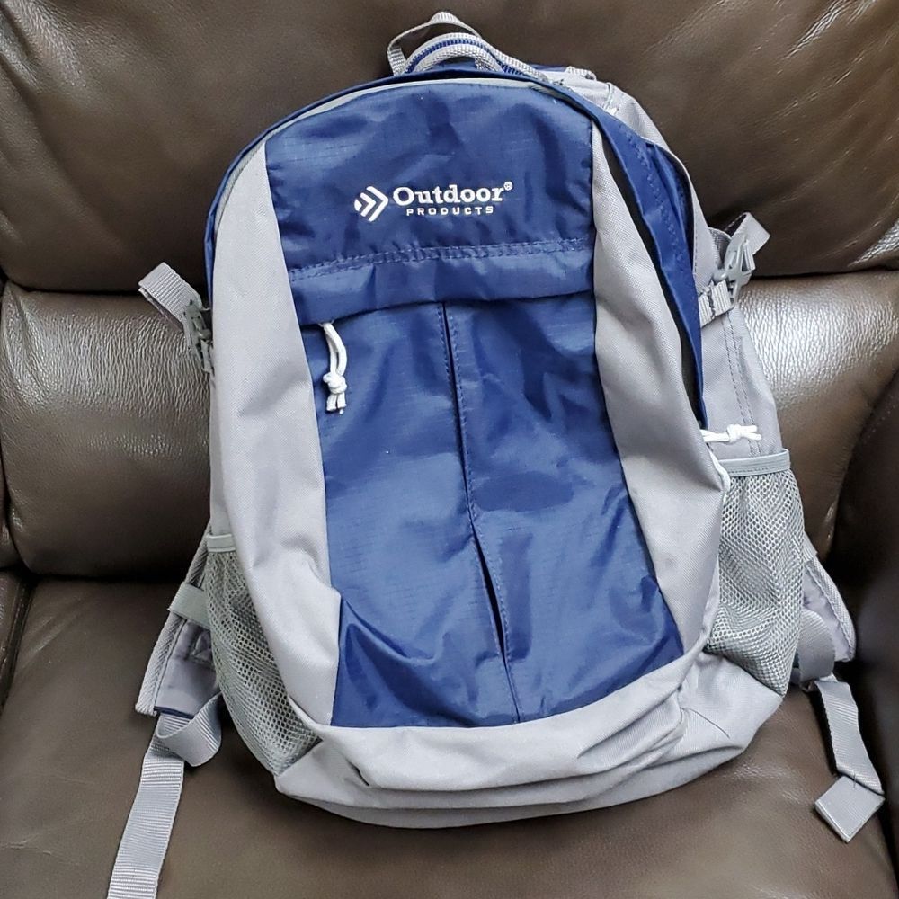 Outdoor products backpack school travel lots of pockets blue grey